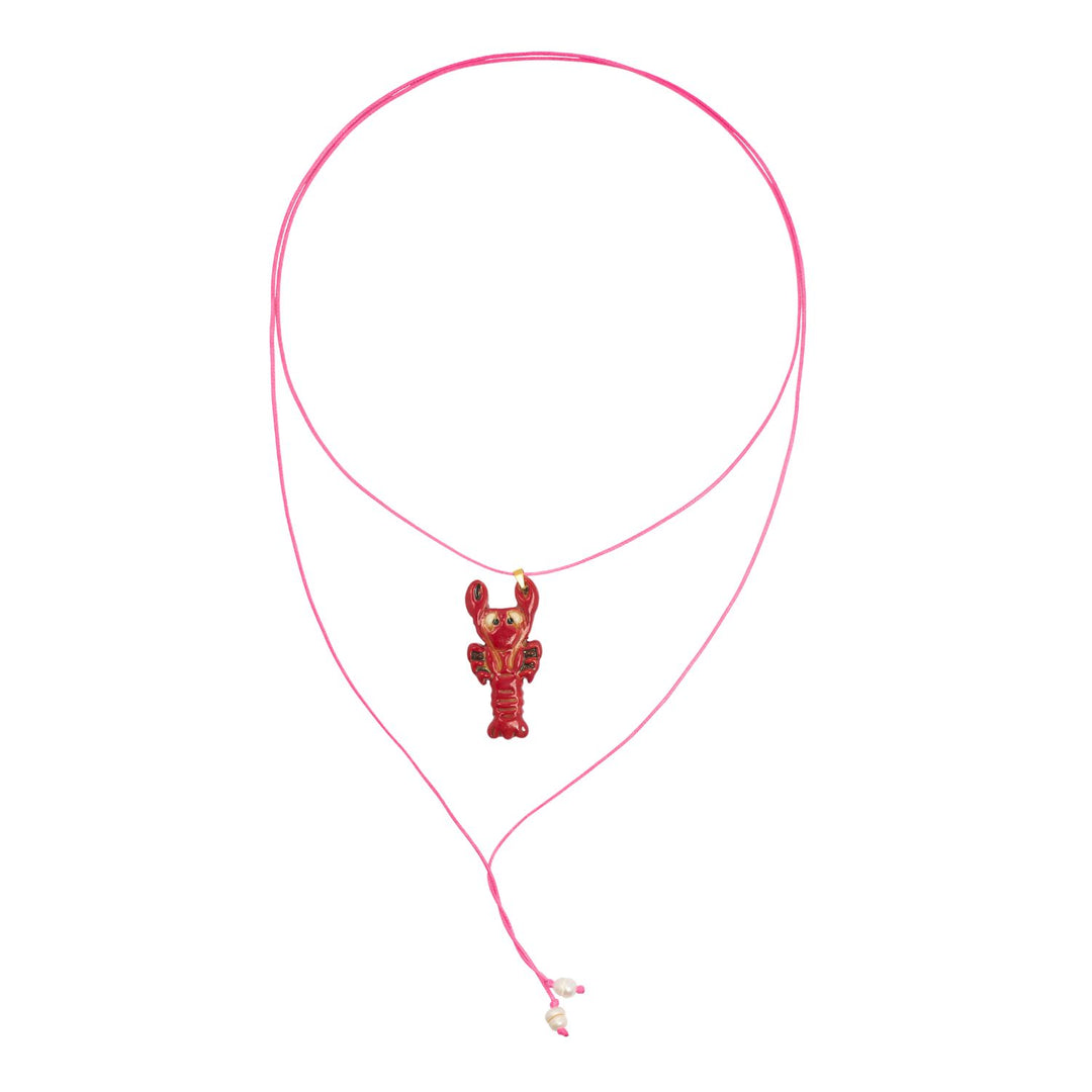 ceramic lobster charm on pink cord necklace
