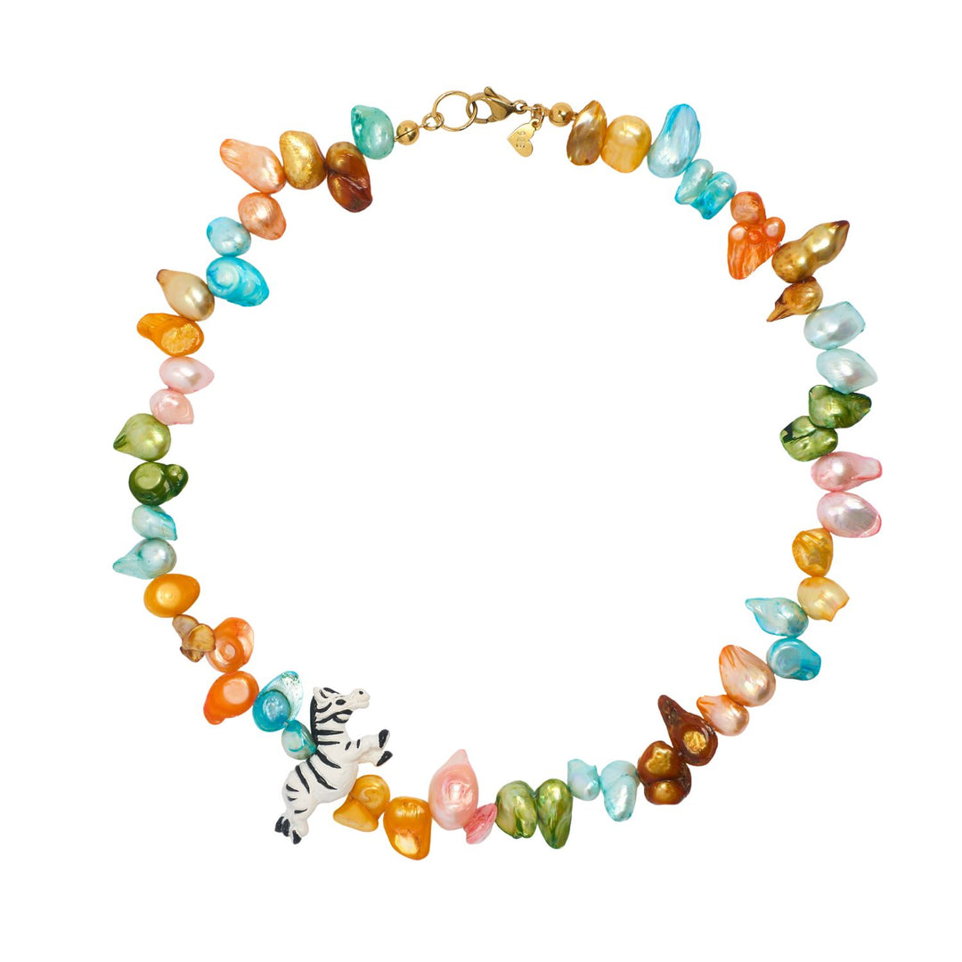 colourful freshwater pearls with zebra charm necklace