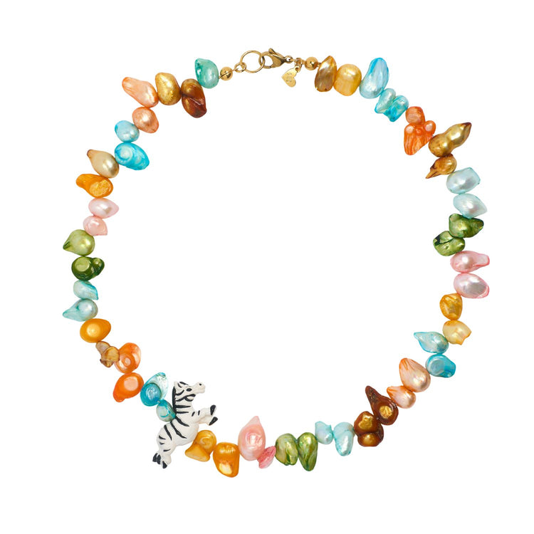 colourful freshwater pearls with zebra charm necklace