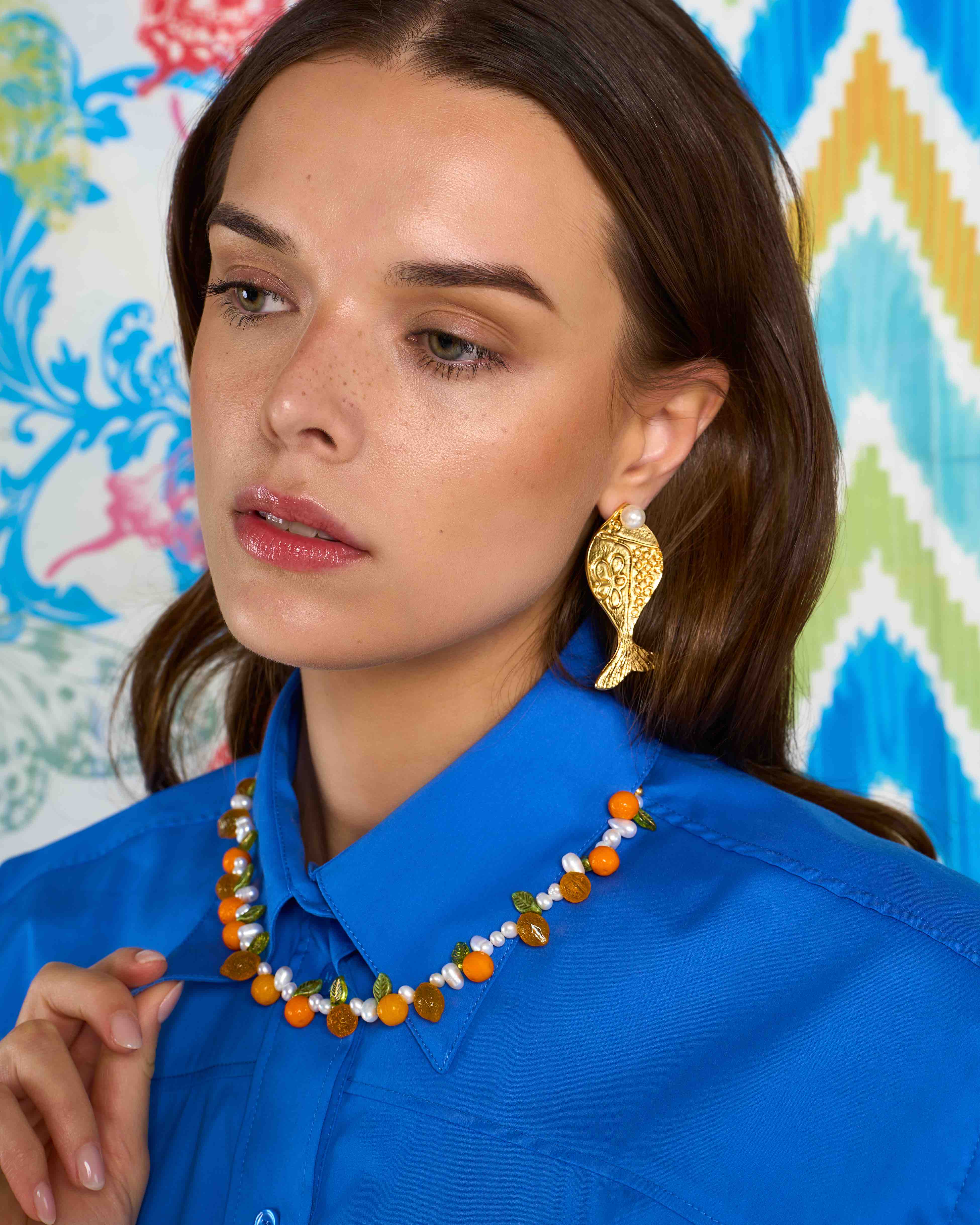 glass lemons and orange charms with pearls necklace on model