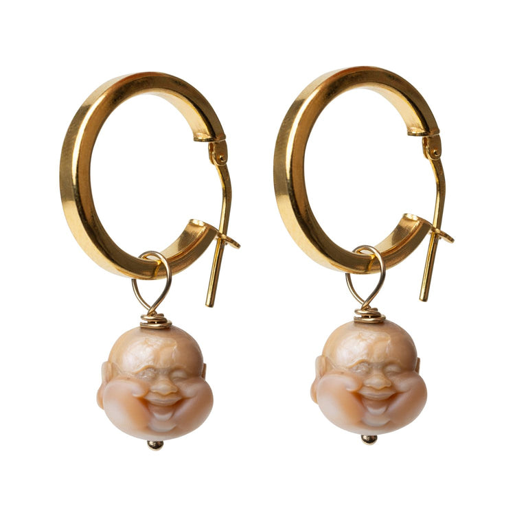 golden hoop earrings with pearl buddha head