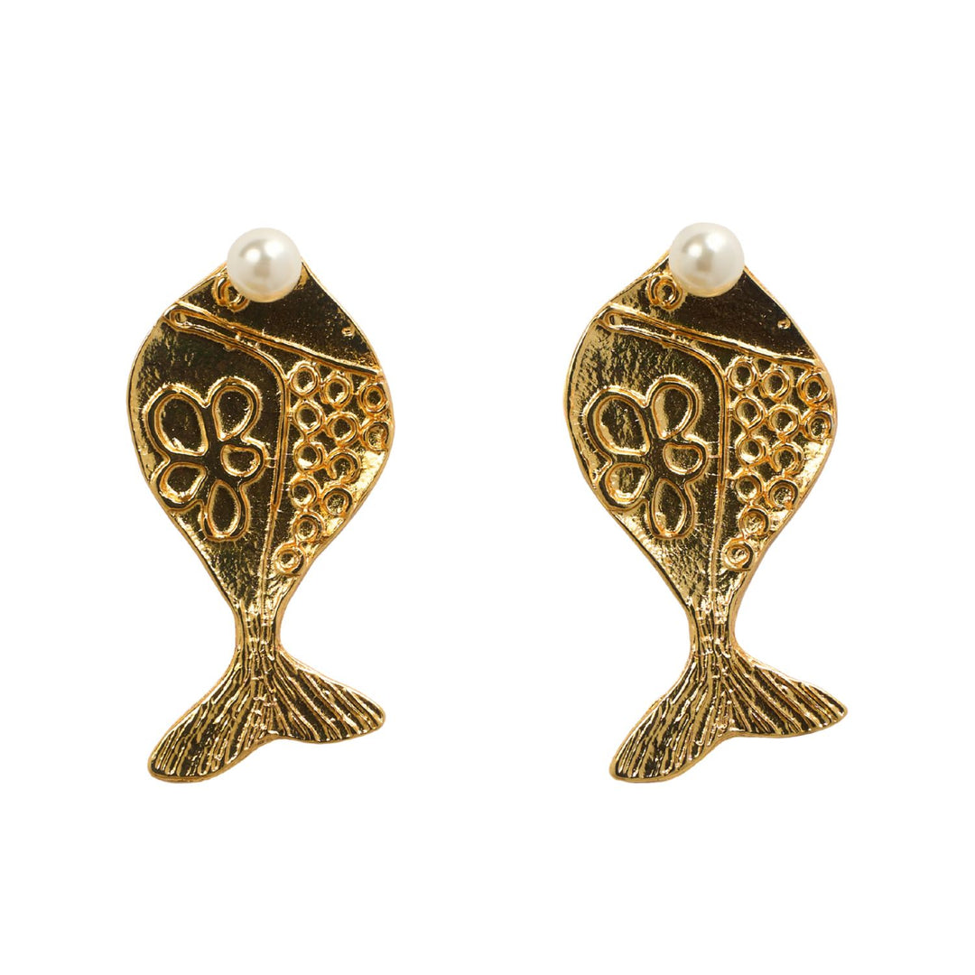 golden metal fish earrings with pearl studs