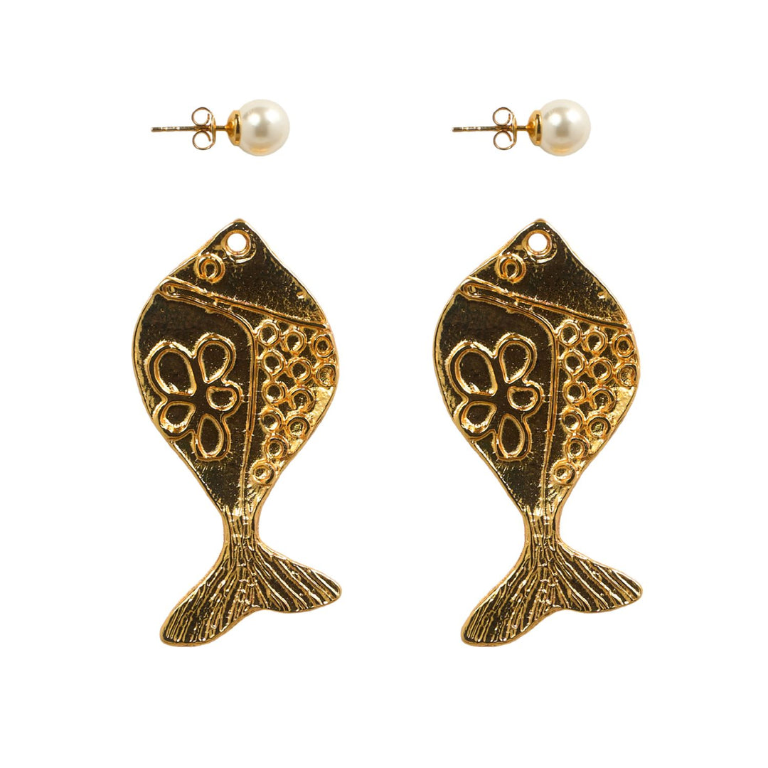 golden metal fish earrings with removable pearl 