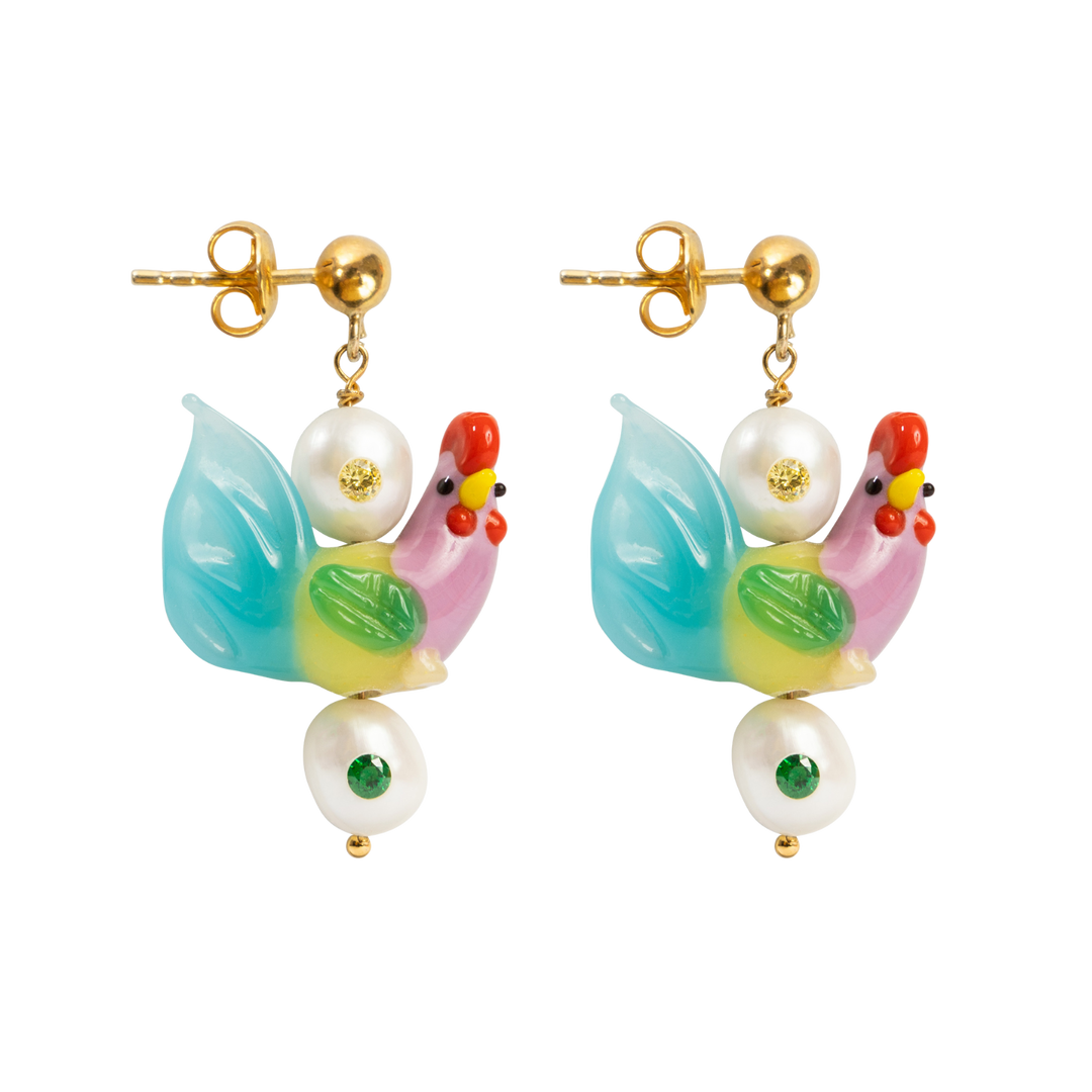 gold stud rooster and pearls earrings