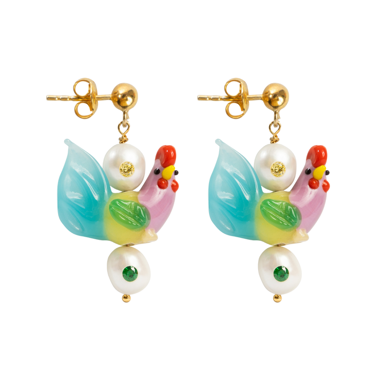 gold stud rooster and pearls earrings