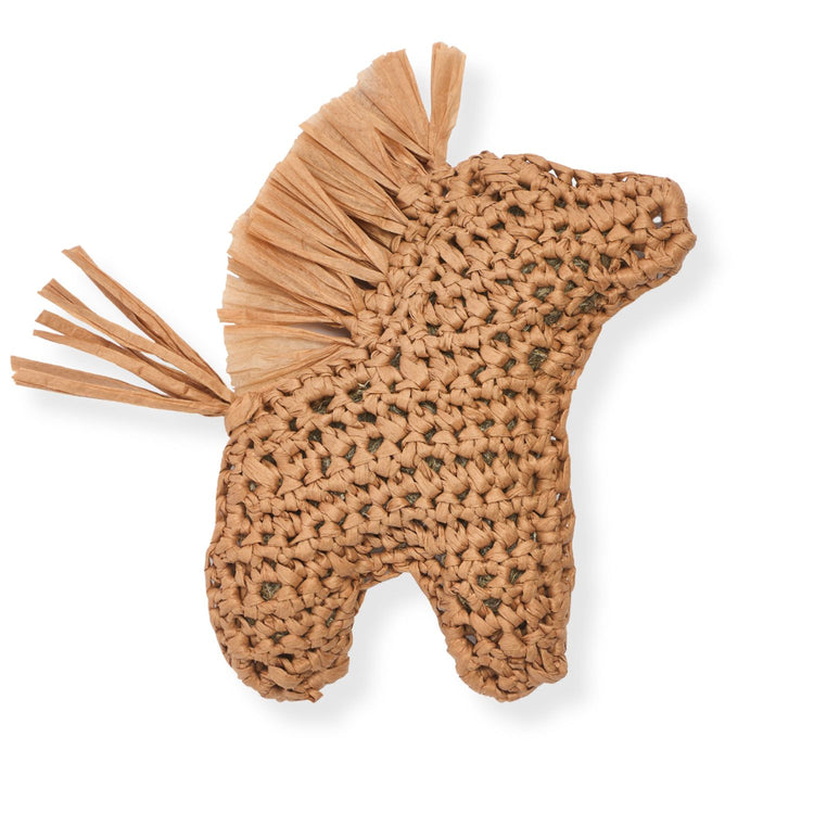 Brown crochet horse-shaped brooch with fringed mane on a white background