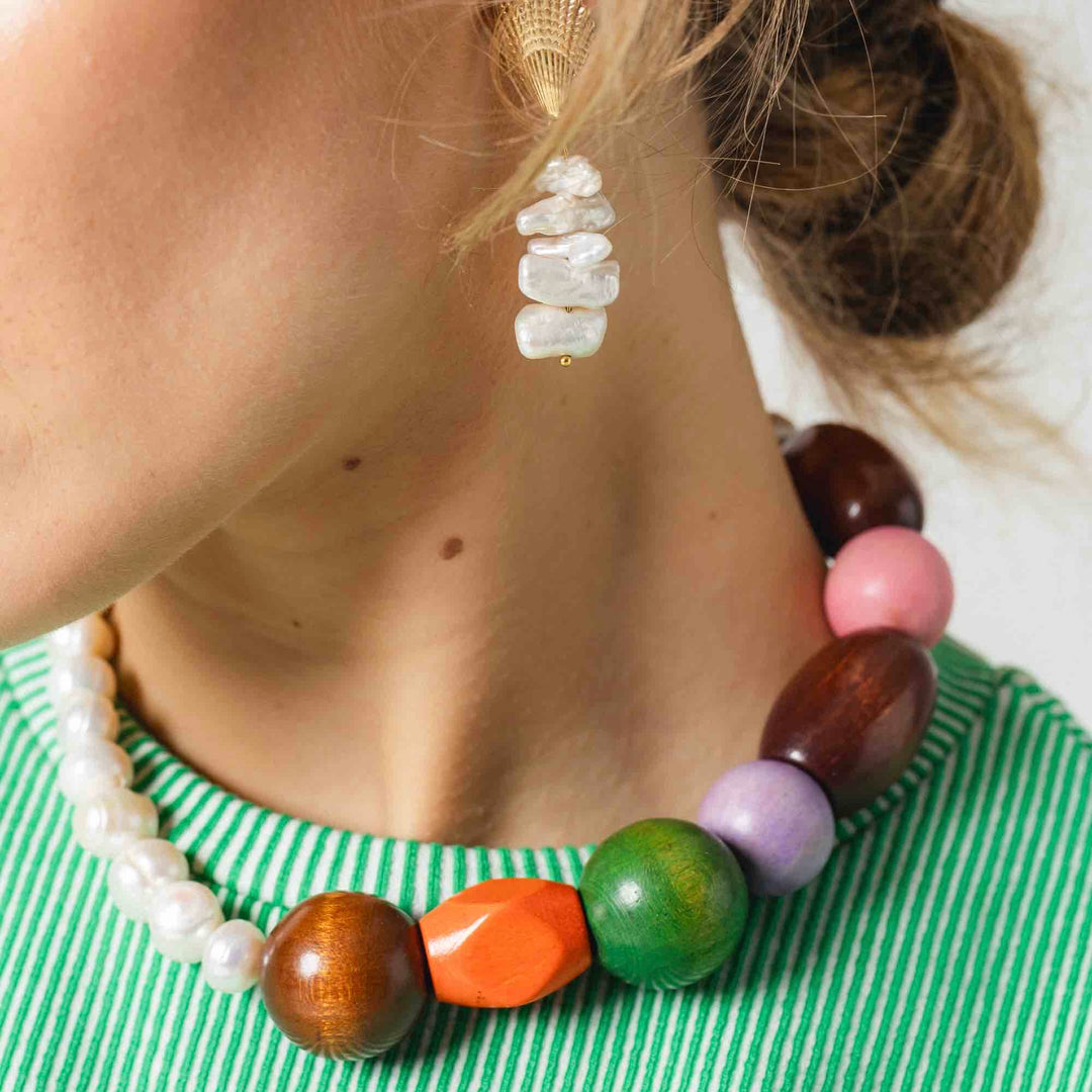 colourful wooden and pearls necklace