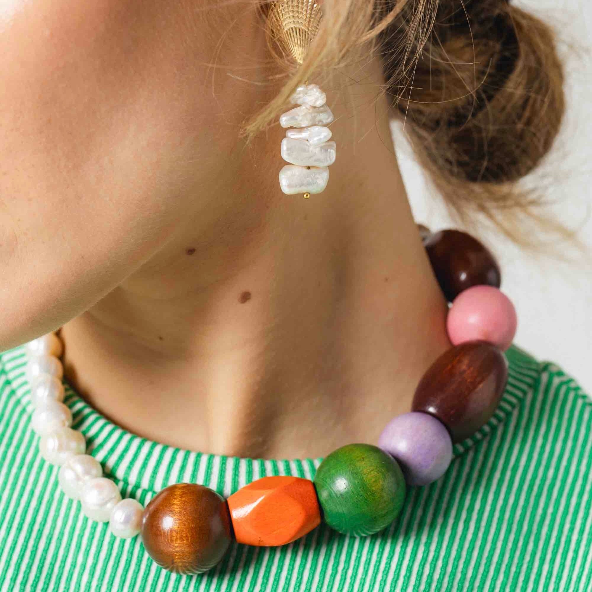 colourful wooden and pearls necklace