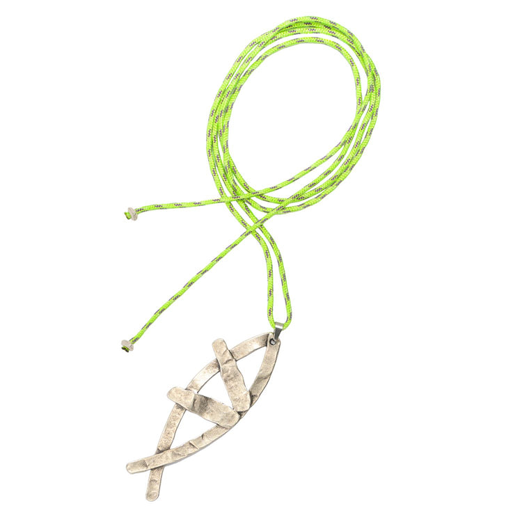 neon cord and silver metal fish charm necklace