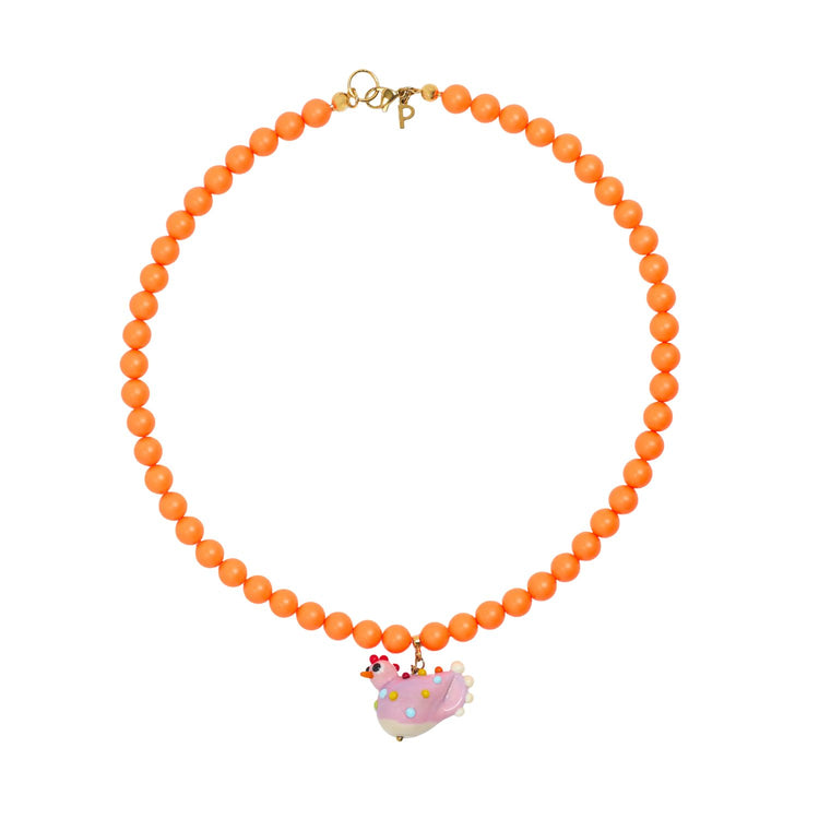 neon orange glass beads with rooster charm 