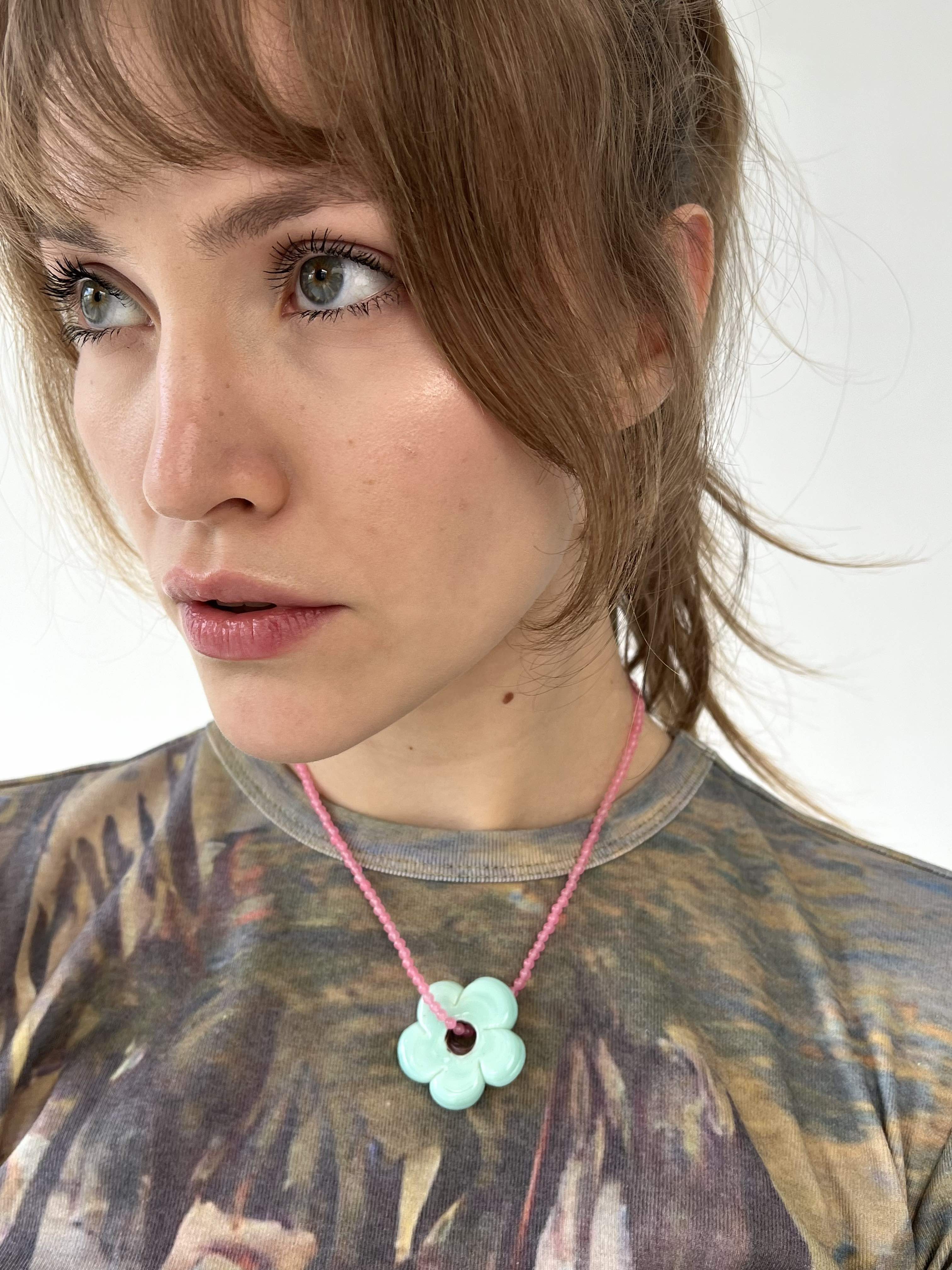 pastel ceramic flower and jade necklace