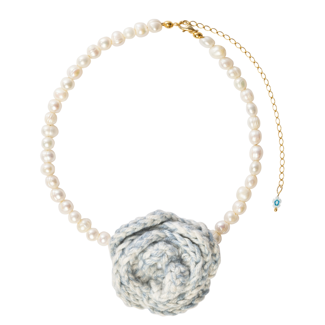 pearls and blue jean crocher flower adjustable crochet choker