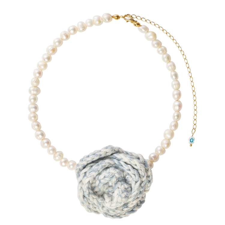 pearls and blue jean crocher flower adjustable crochet choker