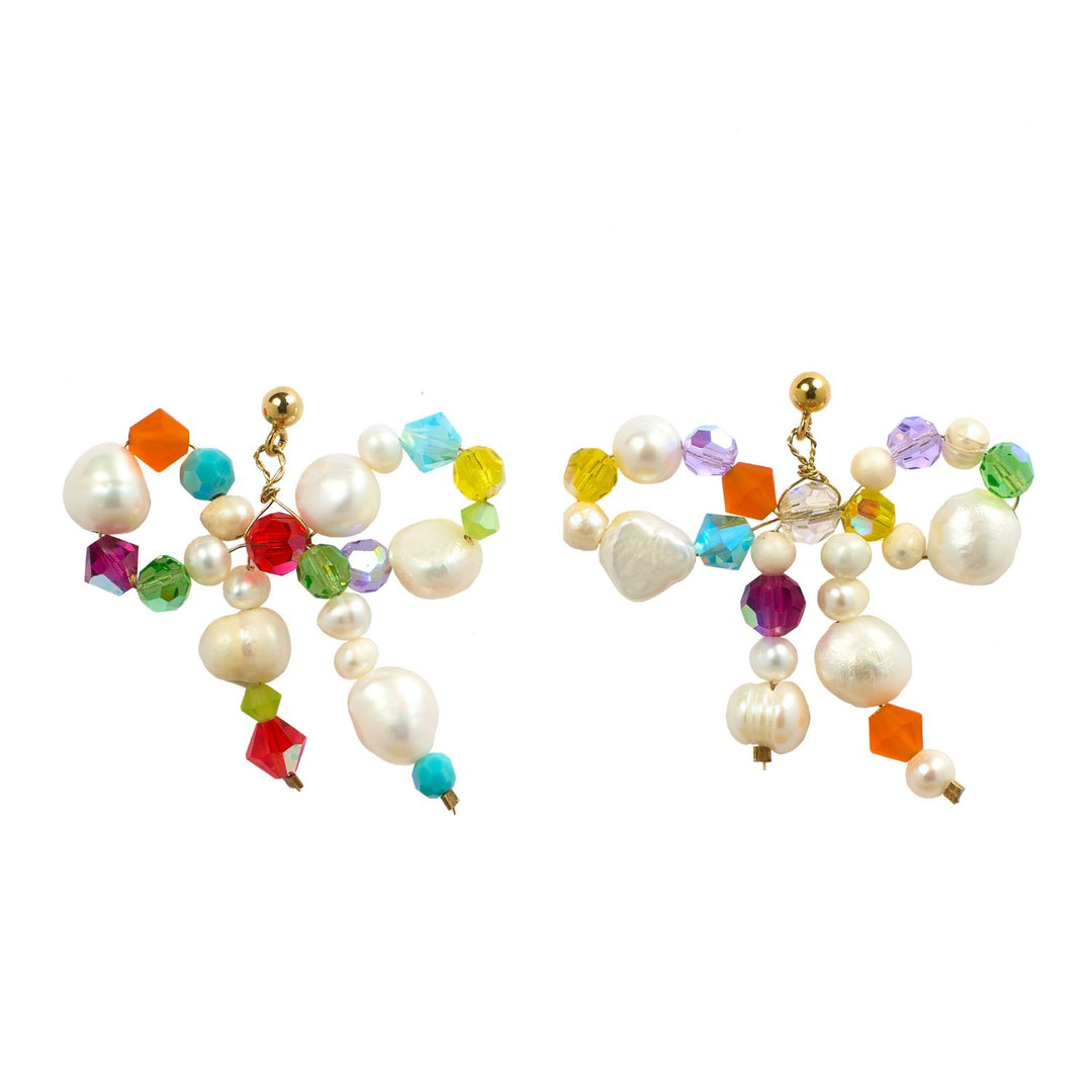 pearls and colourful crystals bow earrings