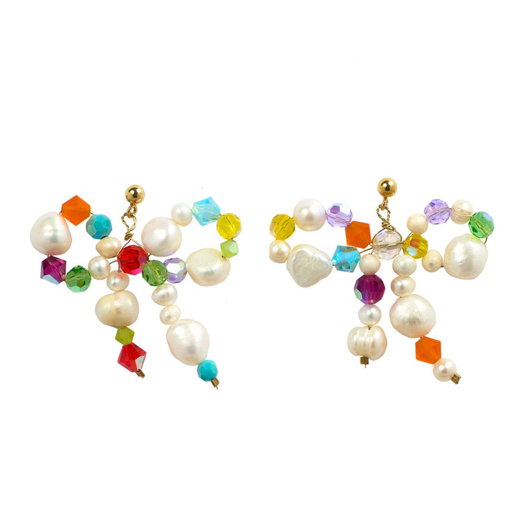 pearls and colourful crystals bow earrings