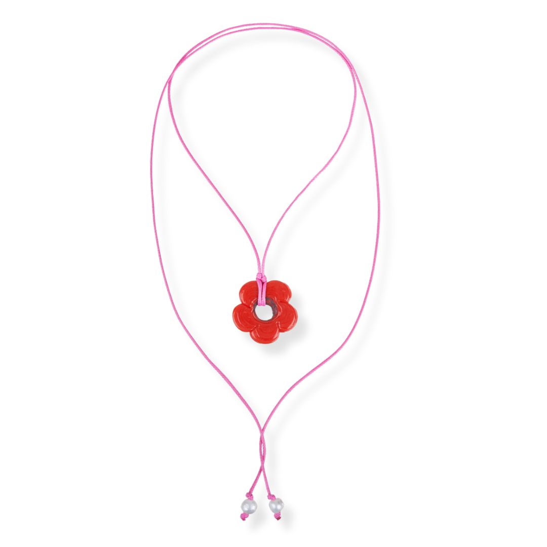 pink and orange cord and ceramic flower necklace