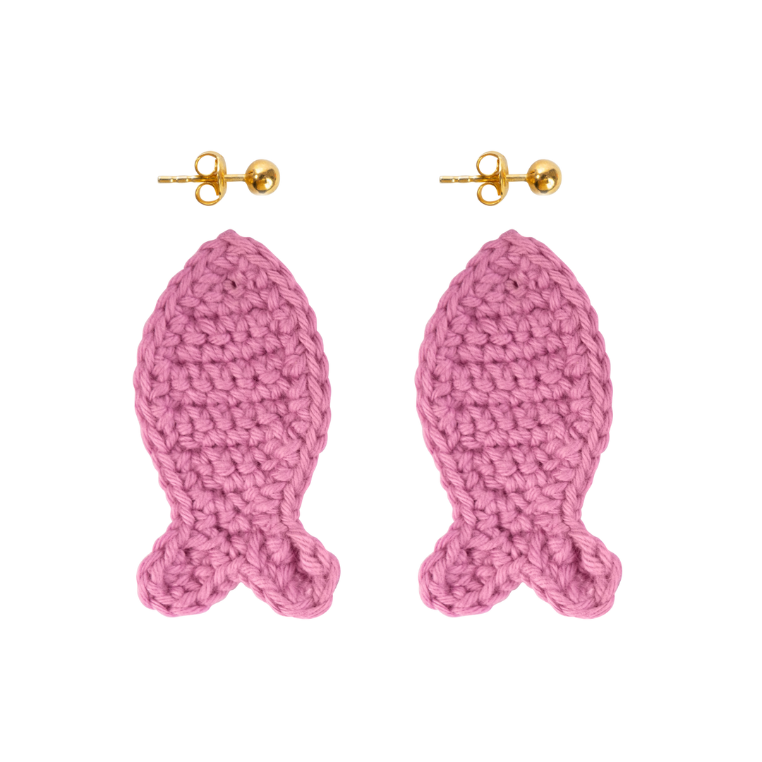 pink crochet fish earrings with removable gold studs