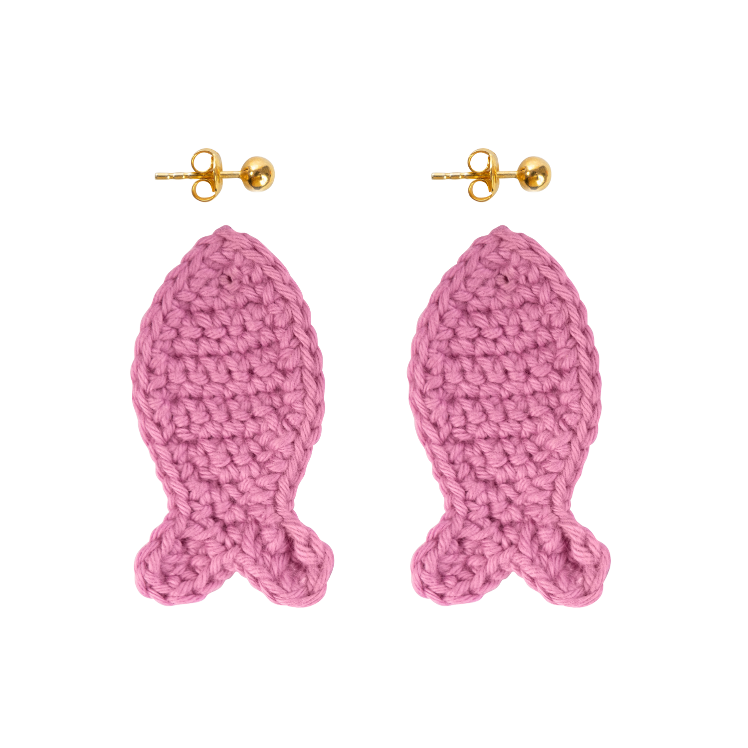 pink crochet fish earrings with removable gold studs
