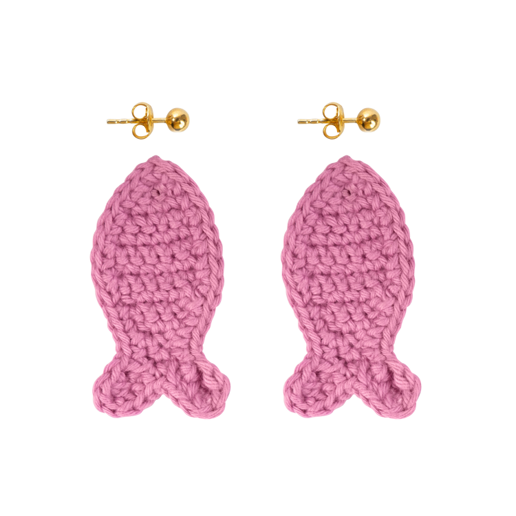 pink crochet fish earrings with removable gold studs