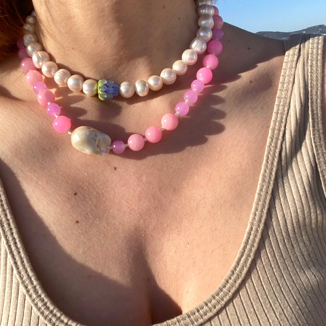 pink jade and pearl necklace choker