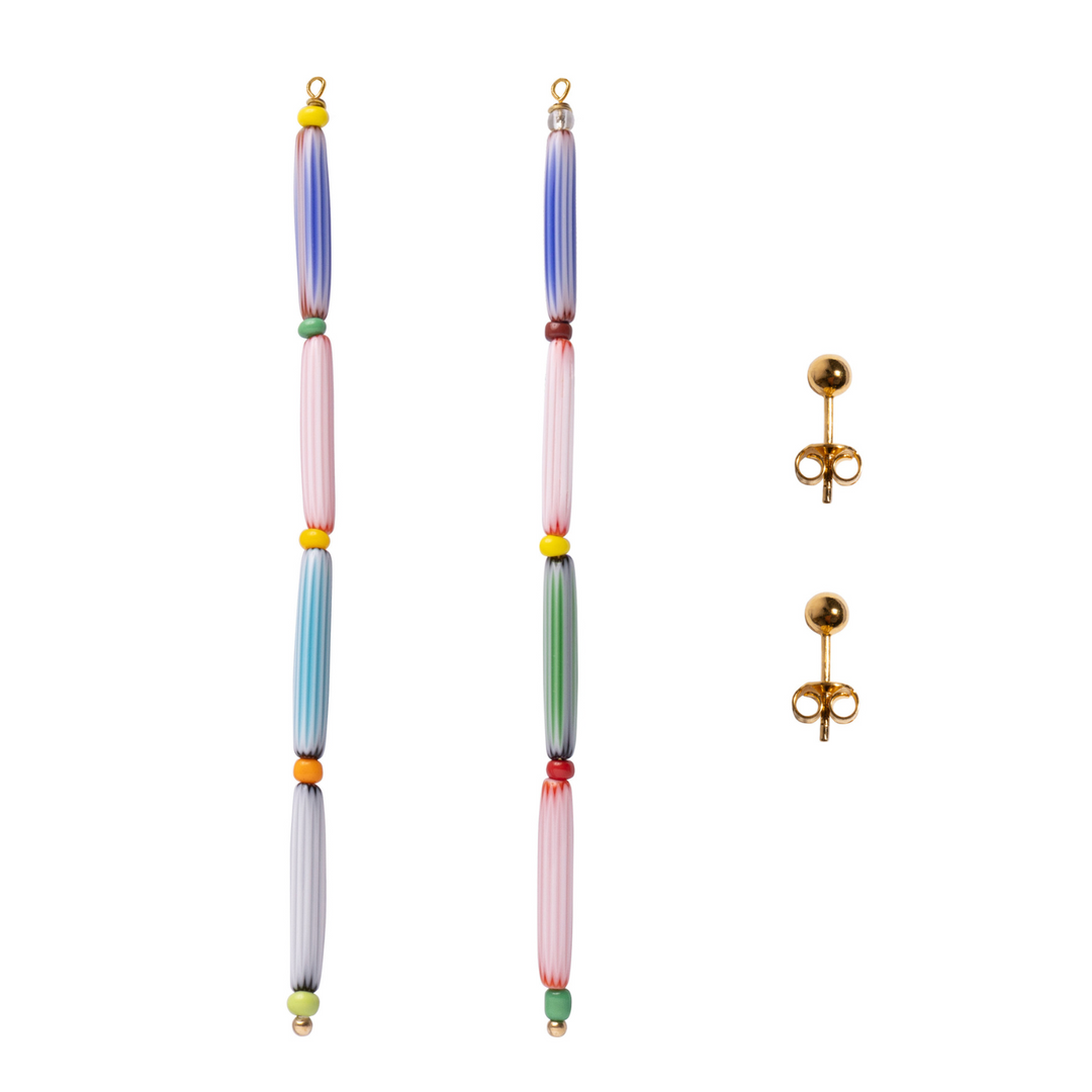 removable stud stud earrings with long colourful glass beads