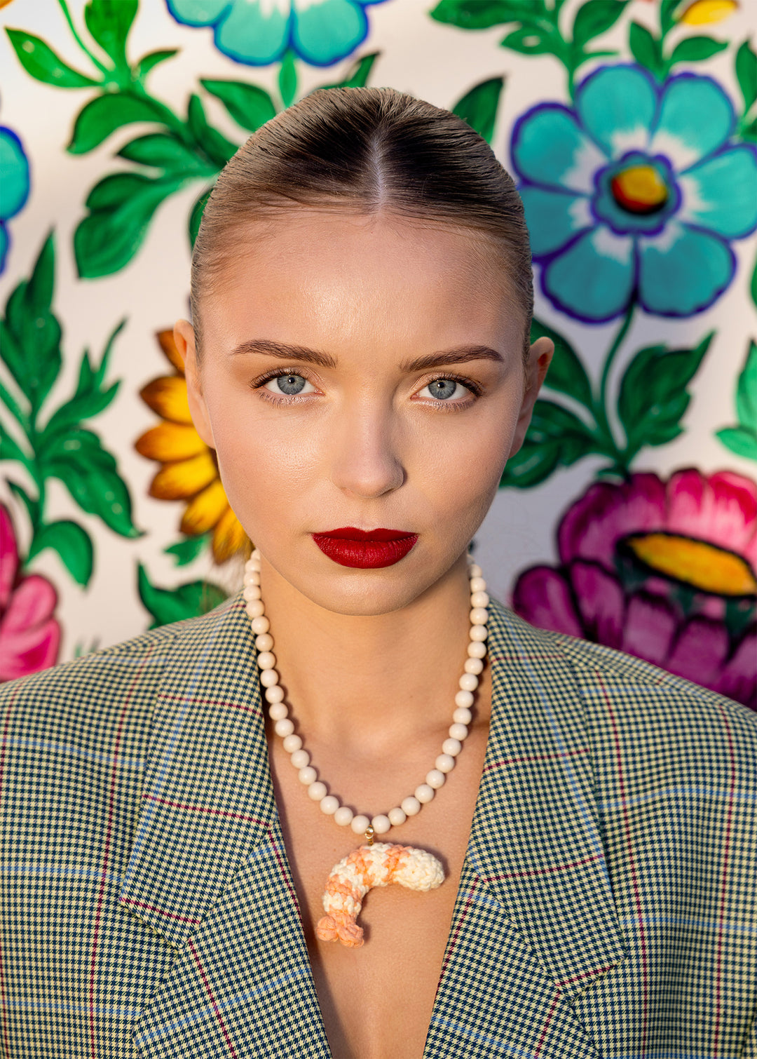 crocher shrimp charm necklace on model