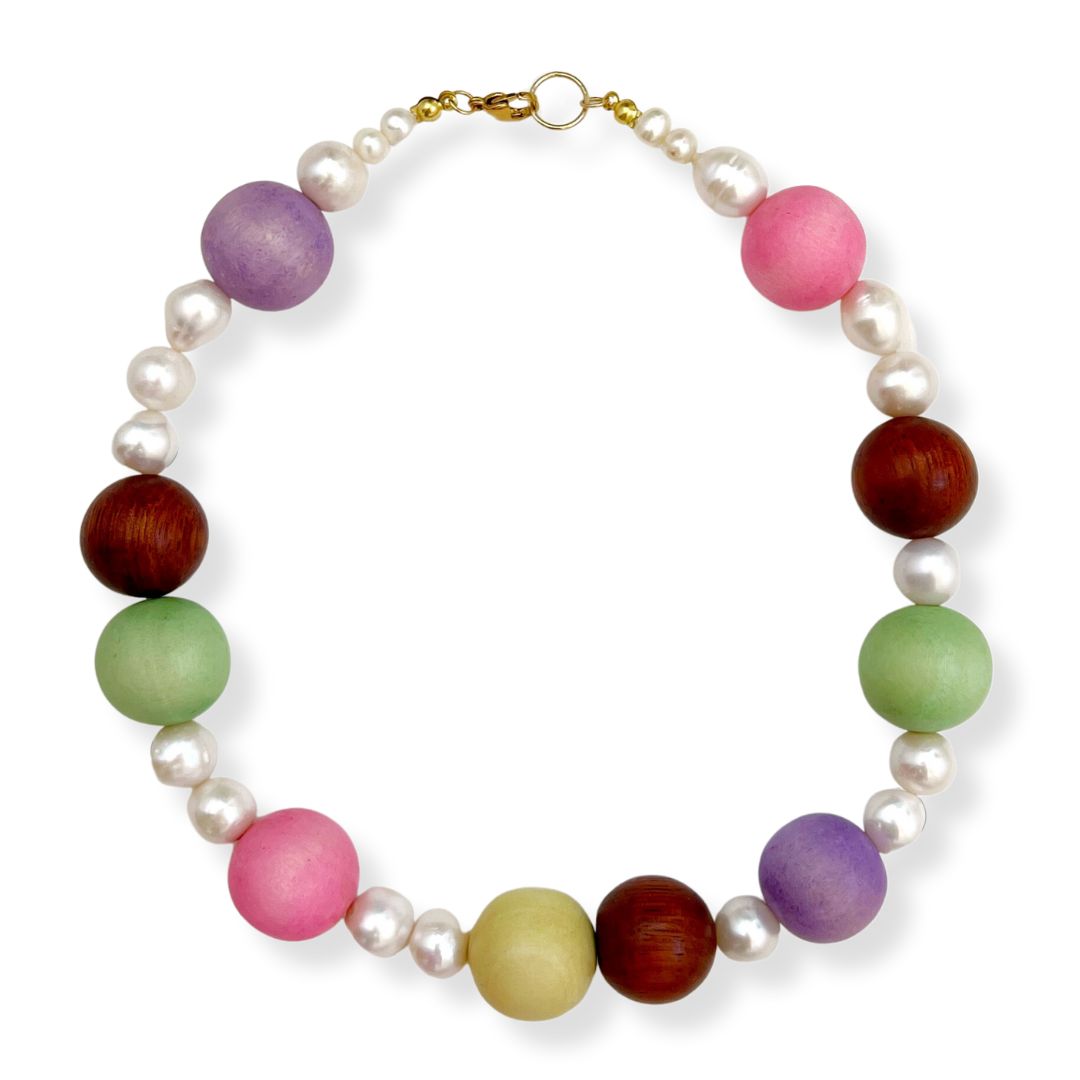 statement pearl and wood necklace
